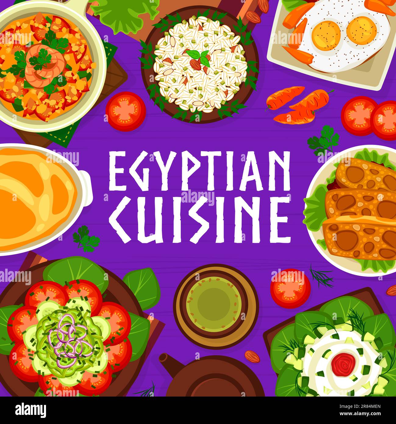 Copertina del menu di cucina egiziana. Insalate con formaggio, fagioli e carote, uova in budino all'aglio e all'orzo, uova strapazzate con gamberetti, omelette di agnello e insalata mista con verdure Illustrazione Vettoriale