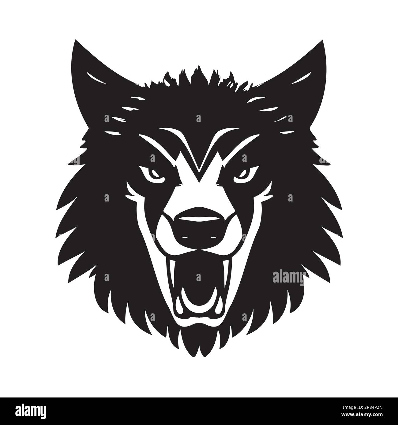 Icona vettoriale bianco e nero della testa di lupo. Modello per logo, emblema o badge Illustrazione Vettoriale