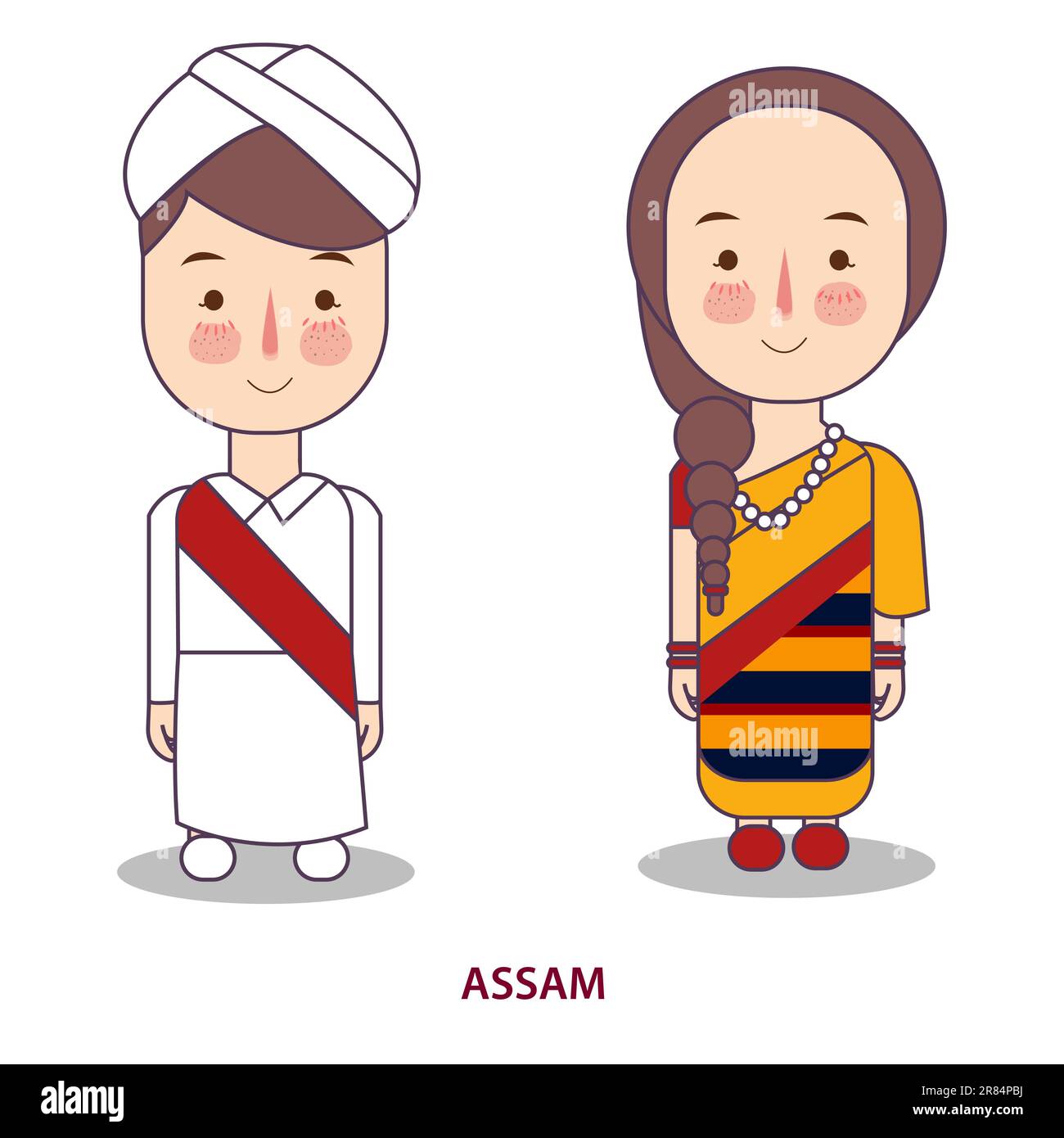 bianco e giallo assamese tradizionale sari abito tribù indigena forma india ragazzo e ragazza coppia costume indossare abbigliamento Illustrazione Vettoriale