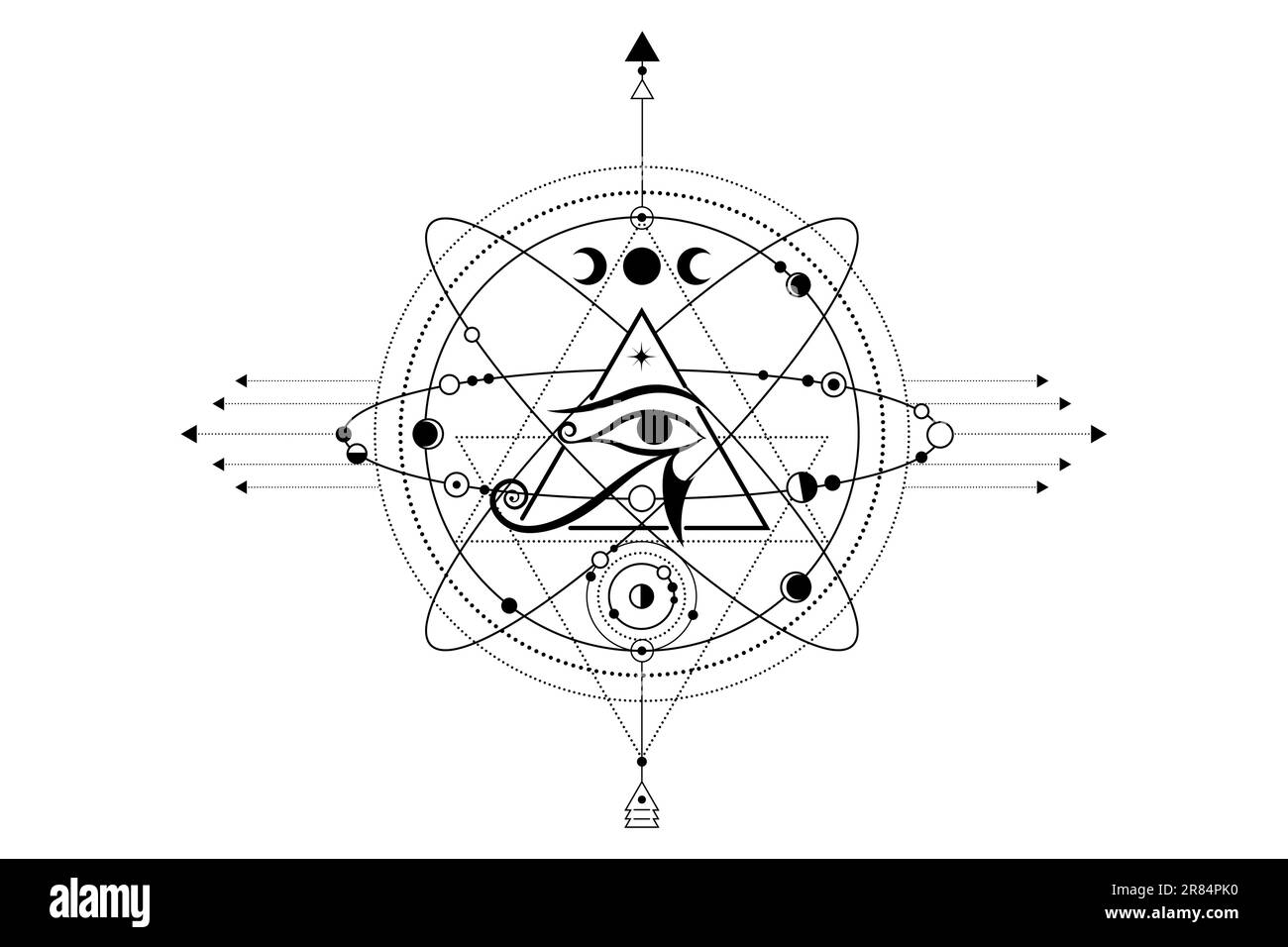 Design con logo Eye of Horus. L'antico simbolo della piramide egiziana, il terzo occhio, simboli cosmici, orbite di pianeti, sistema lunare. Vettore isolato su bianco Illustrazione Vettoriale