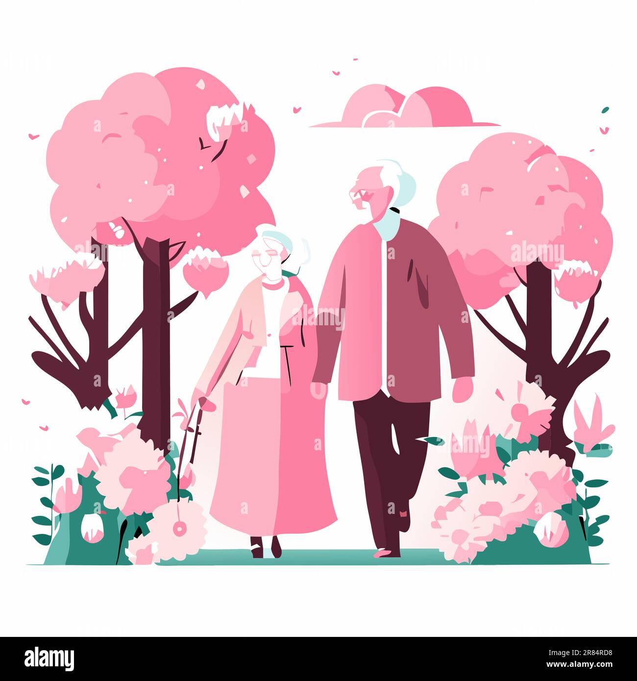 Uomo anziano e donna che camminano insieme. Nonni insieme a piedi al parco in estate. nonna con camminatore e nonno canna tra verde f Illustrazione Vettoriale