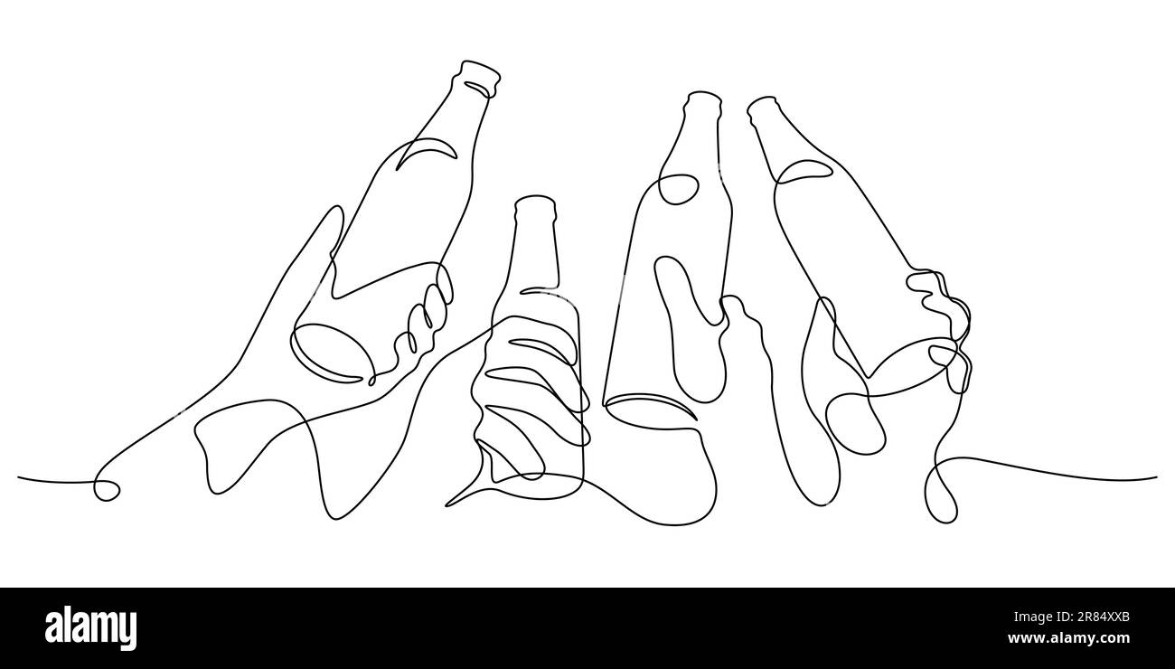 birra che si aggraffa con le bottiglie in festa una linea di disegno felicità concetto allegro Illustrazione Vettoriale