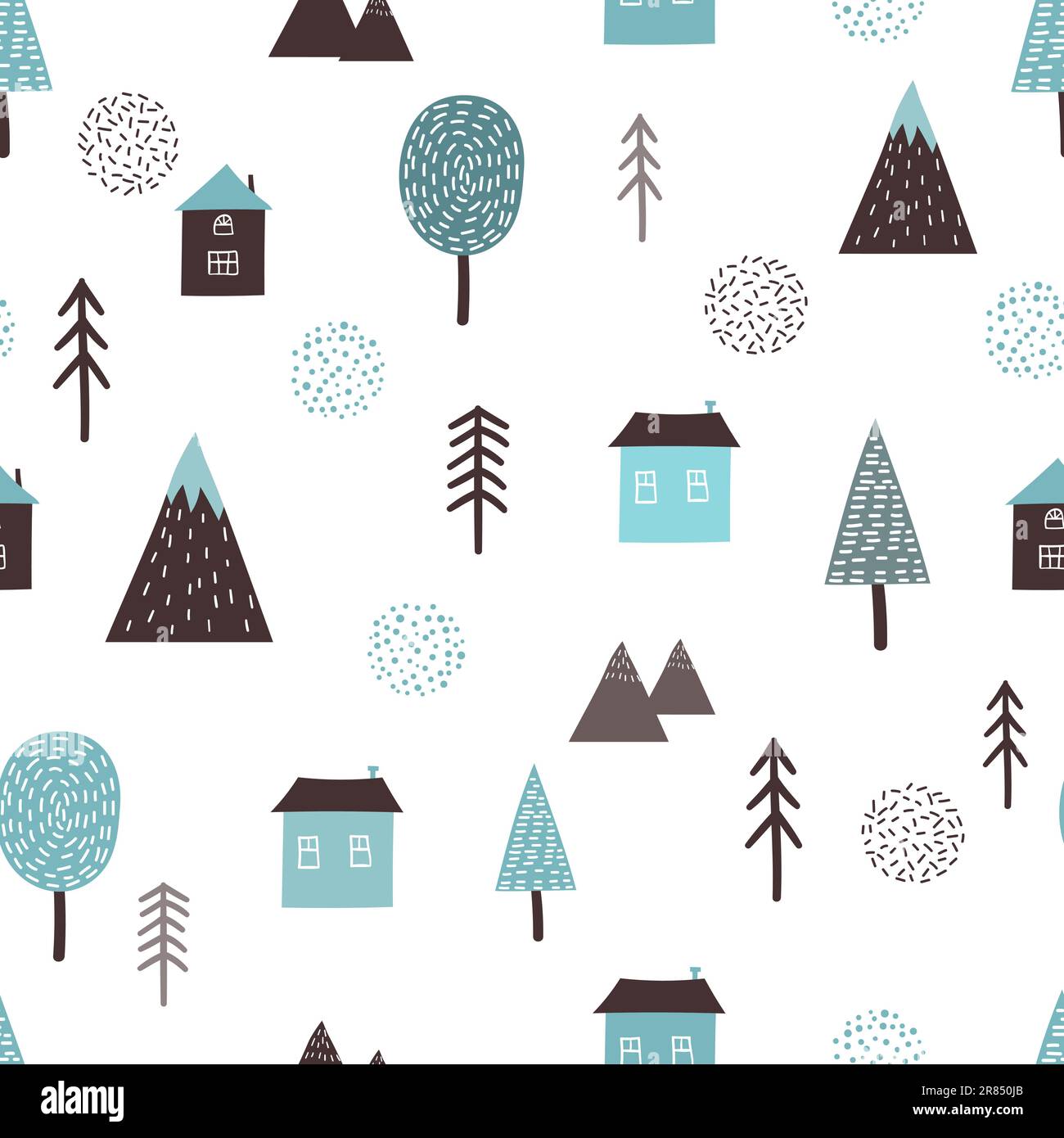 Struttura scandinava senza cuciture con case, montagne e alberi disegnati a mano. Illustrazione Vettoriale