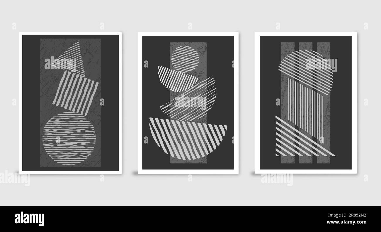 composizione di forme geometriche in tonalità di grigio. Design minimalista per decorazioni d'interni, stampe, cartoline, poster e striscioni. Lineare arbitrario Illustrazione Vettoriale