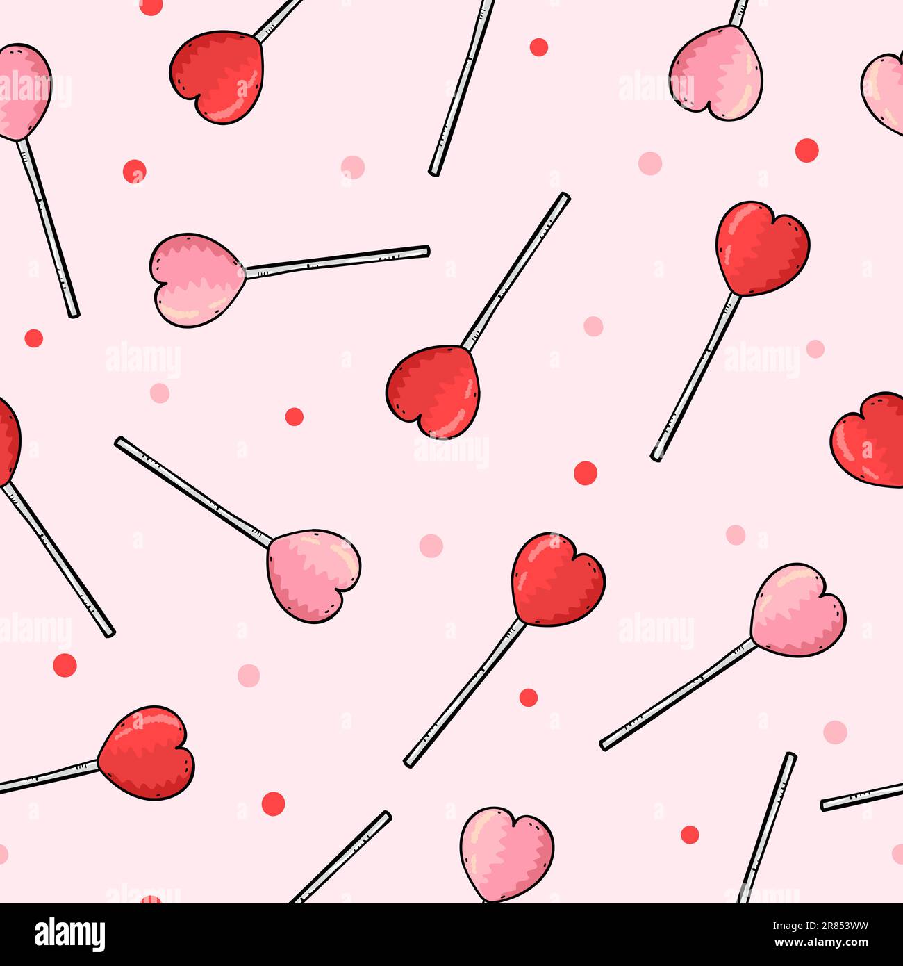 Pattern vettoriale senza cuciture con lollipop a forma di cuore. Illustrazione Vettoriale