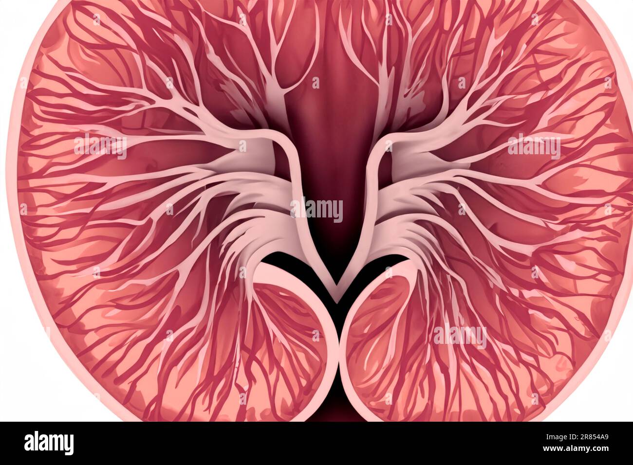 Rene. Sezione trasversale del rene umano. Menschliche Nieren. Concetto medico di pietre del rene umano. Bei reni astratti con concetto di polvere nebulosa Foto Stock