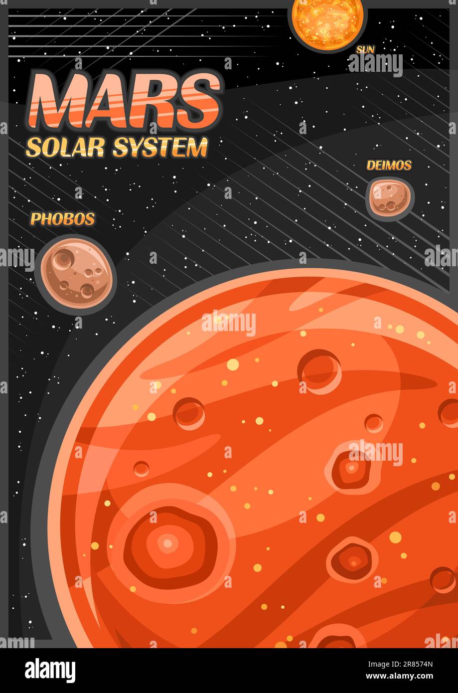 Vector Poster for Mars, banner verticale con illustrazione di satelliti di roccia rotante intorno al pianeta delle Marne cartoon su sfondo stellato nero, decorativ Illustrazione Vettoriale