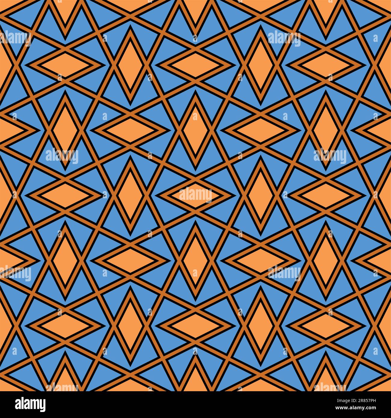 Ornamento geometrico senza cuciture basato su arte islamica tradizionale. Blu e arancione. Grande design per tessuto, tessuto, copertina, carta da imballaggio, sfondo. Illustrazione Vettoriale