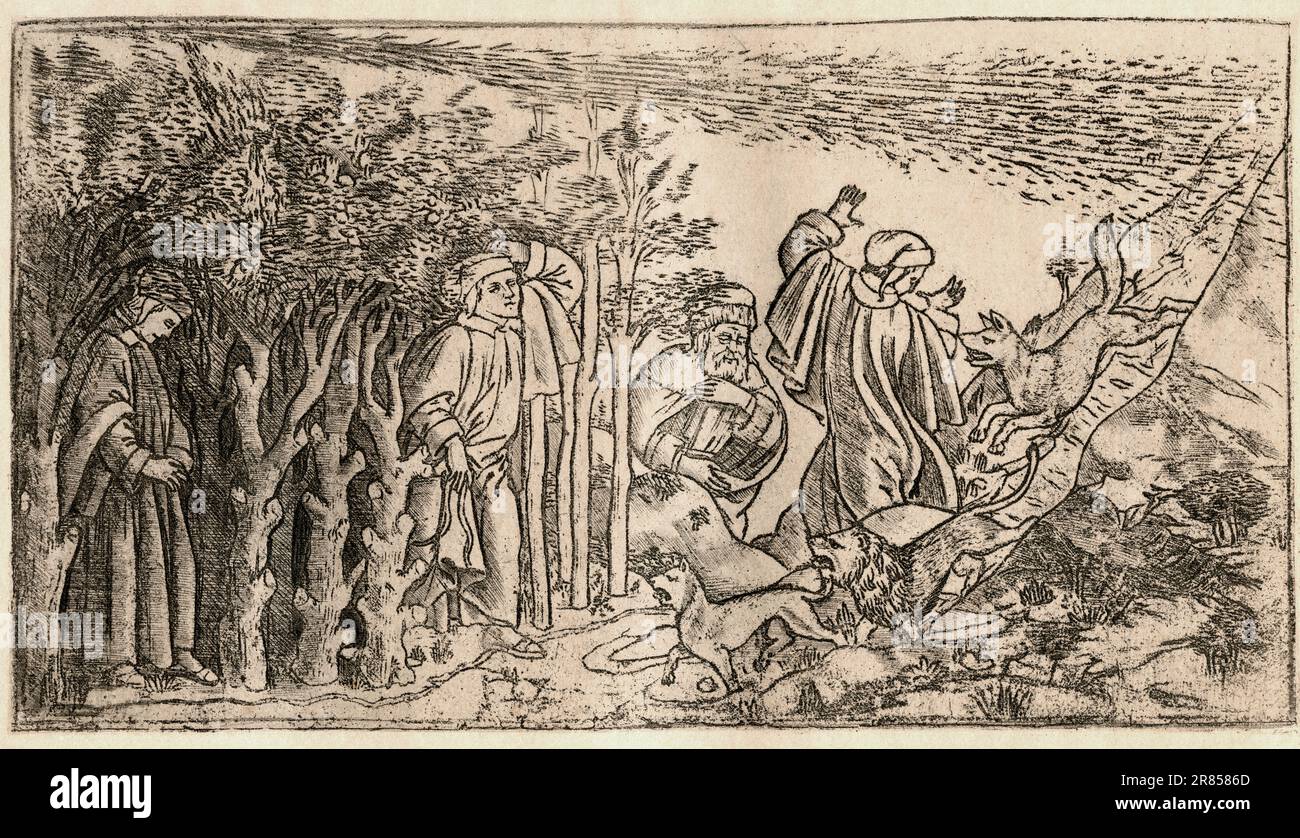 Incisione raffigurante Inferno dalla Divina Commedia di Dante, di Baccio Baldini, dopo Sandro Botticelli. Da Histoire de la gravure, pubblicato nel 1880 Foto Stock