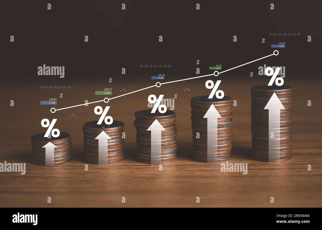 tasso di interesse aumento percentuale, finanziamento tasso di interesse indietro aumento con percentuale, icona, moneta, risparmio, deposito. Foto Stock