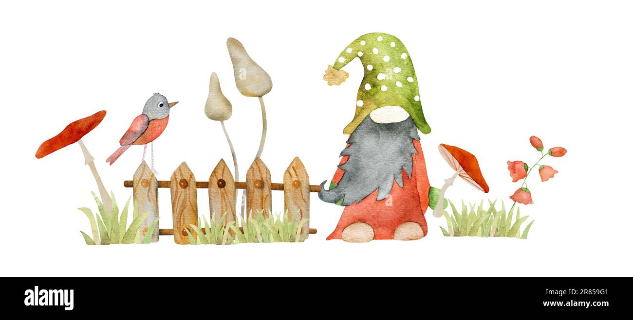Nana forestale con funghi e uccello in pittura acquerello giardino. Personaggio fiabesco gnome con canterelle rosse agariche cartoni animati aquarelle disegno Foto Stock