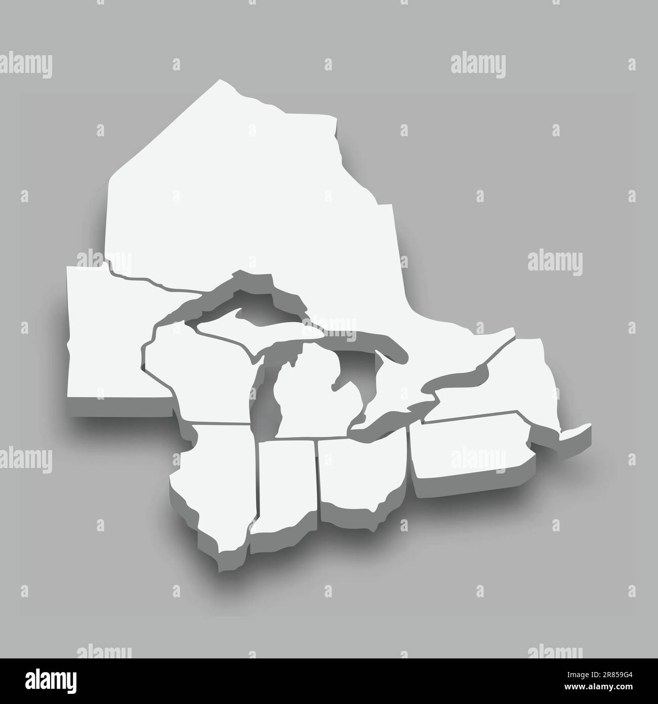 mappa isometrica 3D della regione dei grandi Laghi, isolata con illustrazione del vettore ombra Illustrazione Vettoriale