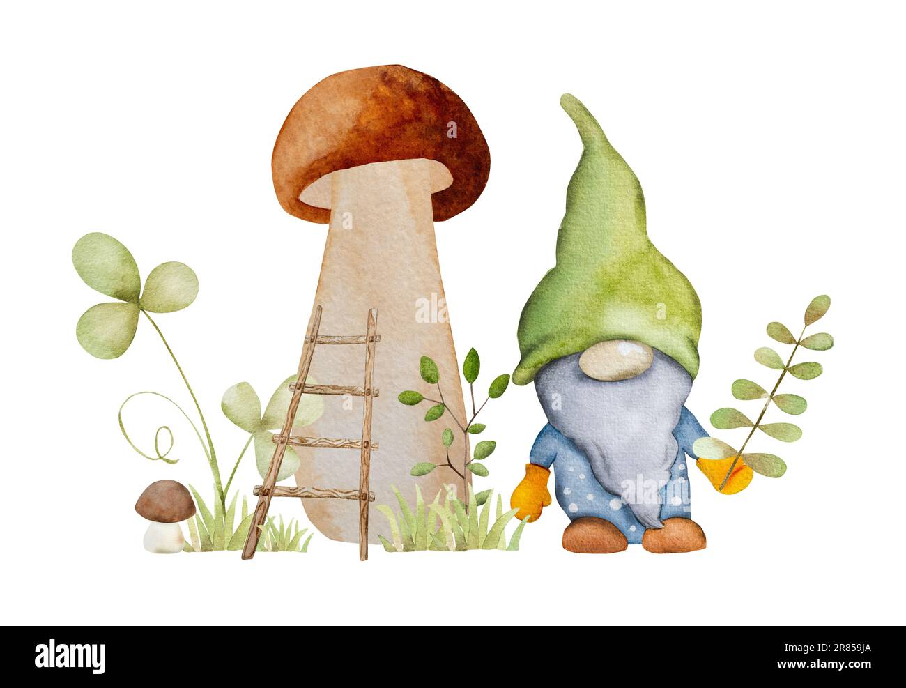 Nana forestale con fungo e scala in pittura acquerello giardino. Personaggio fiabesco gnome con agarico e foglie aquarelle disegno Foto Stock