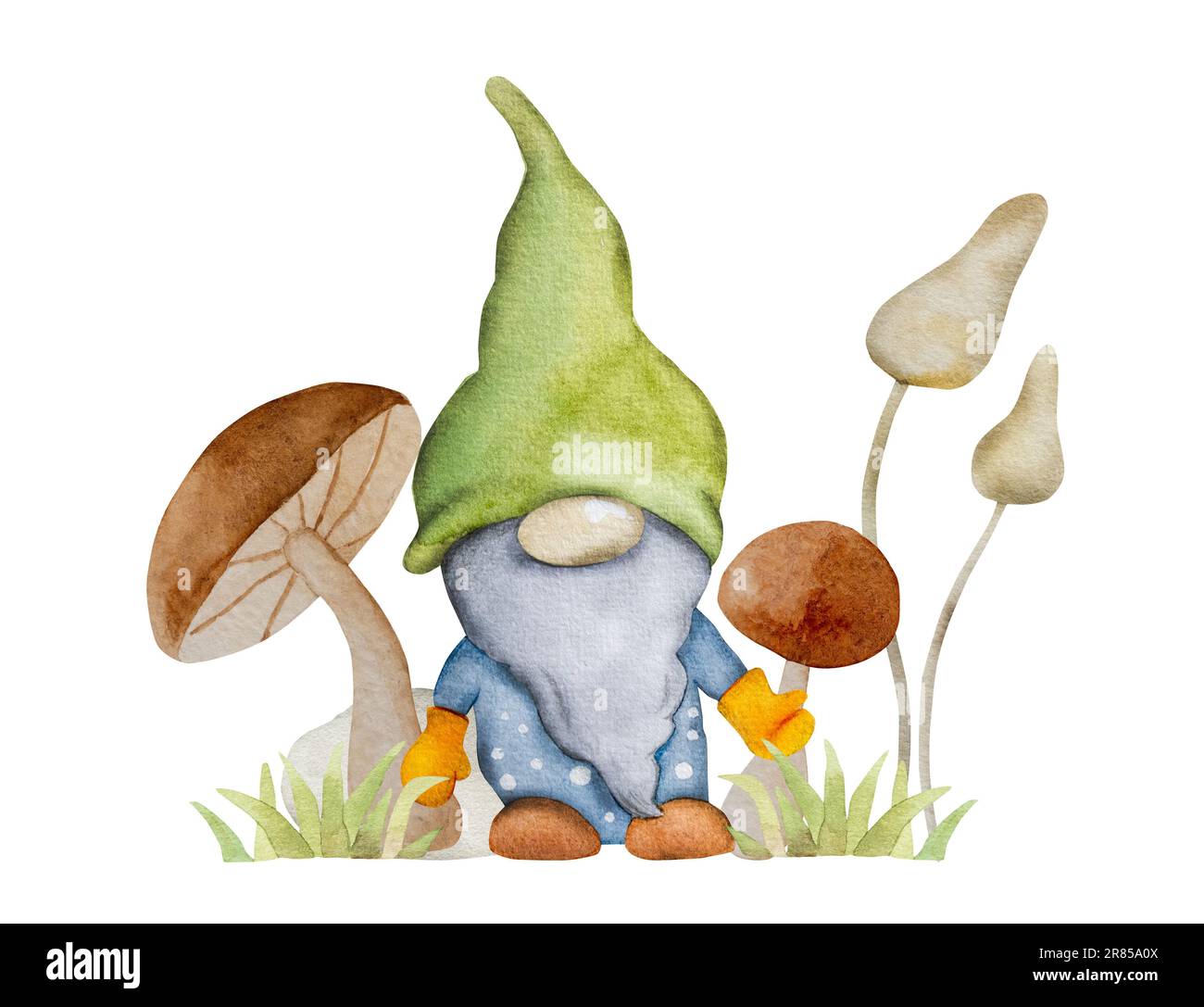 Nana forestale con funghi in pittura acquerello giardino. Personaggio fiabesco gnome con disegno agarico aquarelle per decorazione da cartolina Foto Stock