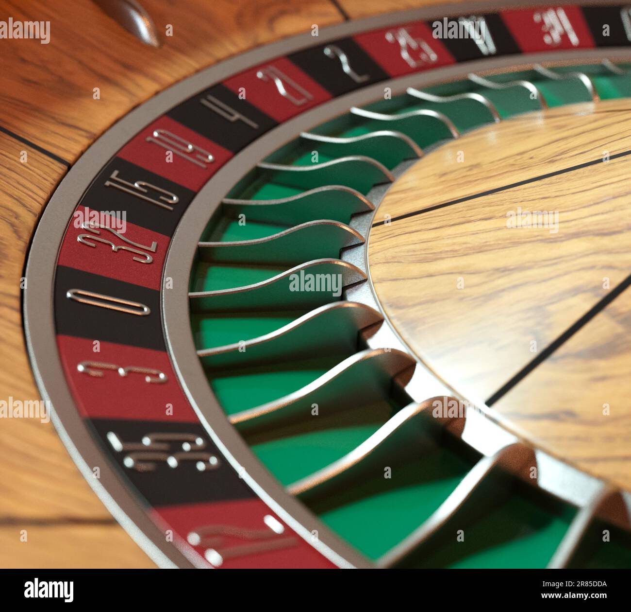 Un primo piano di una moderna ruota della roulette realizzata in legno con pennarelli rossi e neri e dettagli metallici su uno sfondo isolato - rendering 3D Foto Stock