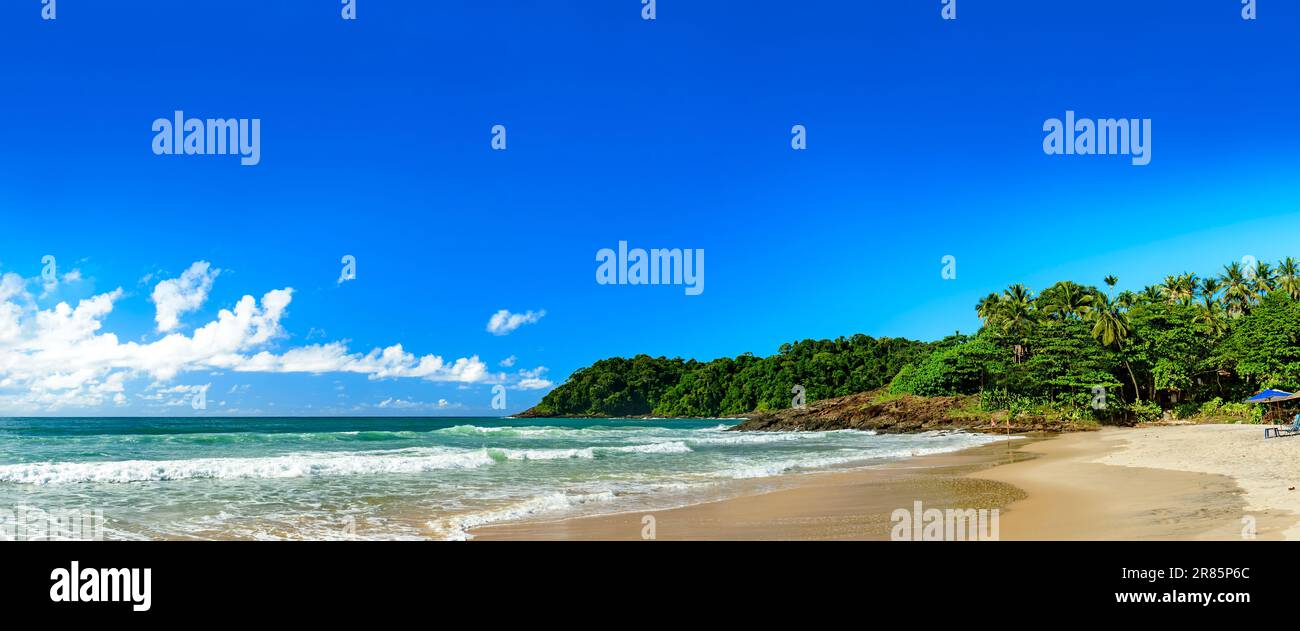 Immagine panoramica della splendida spiaggia di Tiririca a Itacare, sulla costa meridionale di Bahia Foto Stock