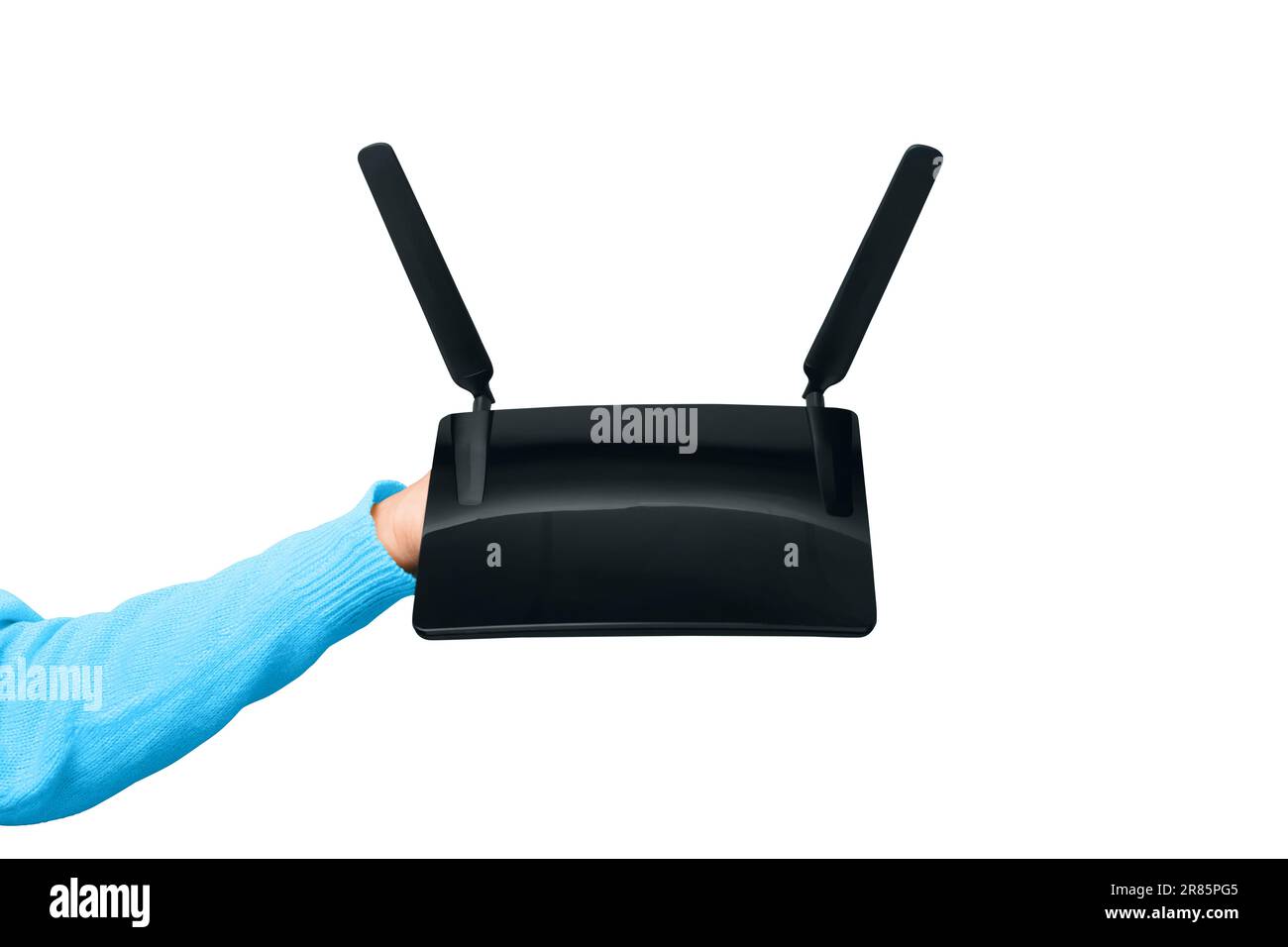 router wifi nero isolato su sfondo bianco Foto Stock