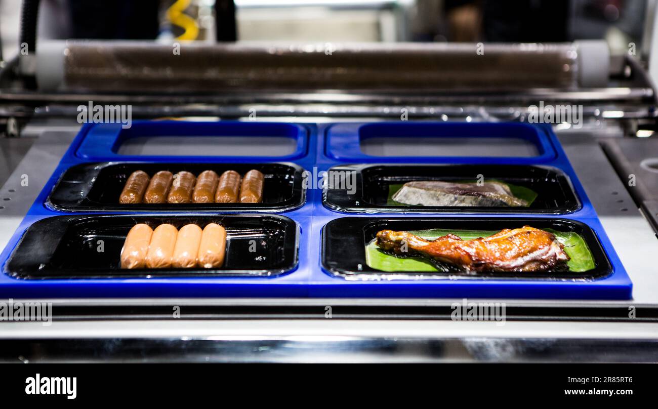 Termosaldatrice sottovuoto. Pacchetto alimentare conservato. Foto Stock