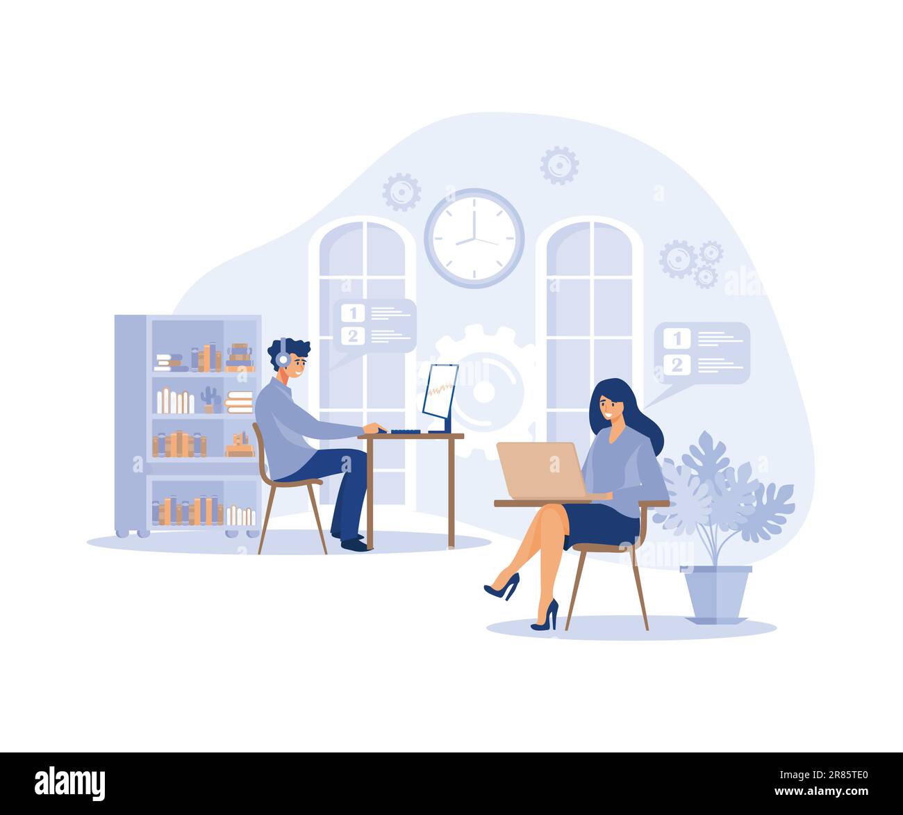 Concetto di flusso di lavoro, due persone, in ambiente silenzioso sono impegnati in Daily Office Affairs, piatto vettore di illustrazione moderna Illustrazione Vettoriale
