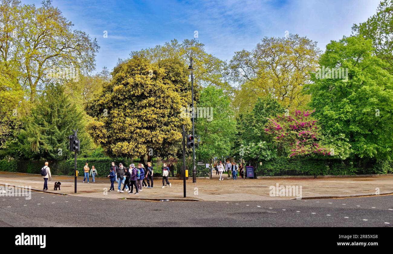 London Camden Russell Square i giardini e gli alberi in primavera e un gruppo di persone che lasciano il parco Foto Stock