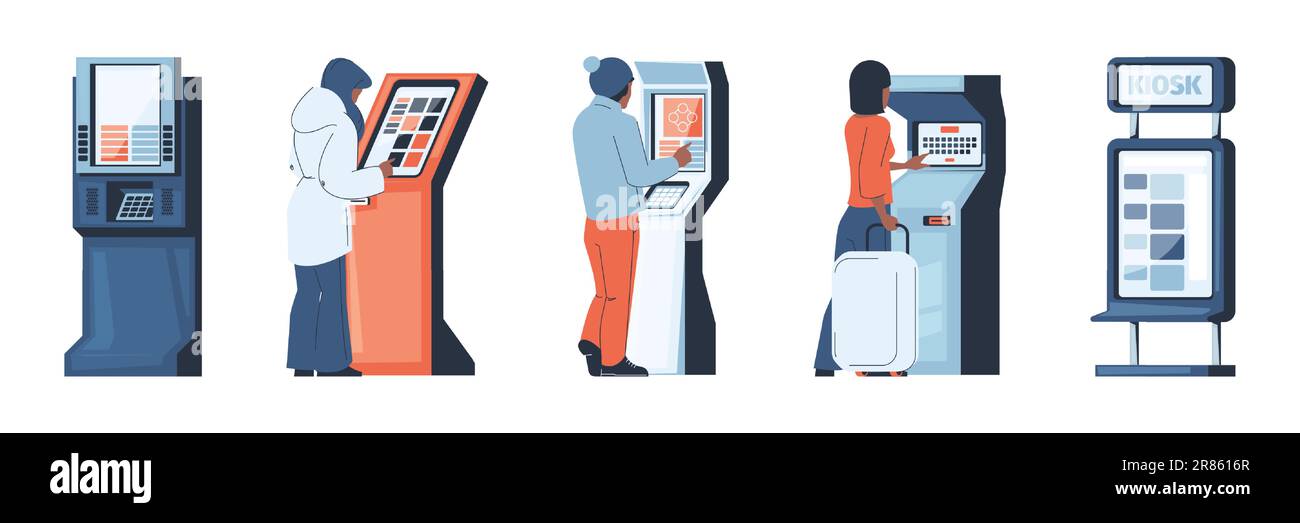 Persone al chiosco digitale. Uomo e donna al chiosco dei biglietti e al terminale online, checkout e ordinazione del terminale online, personaggi dei cartoni animati che utilizzano il k senza contanti Illustrazione Vettoriale