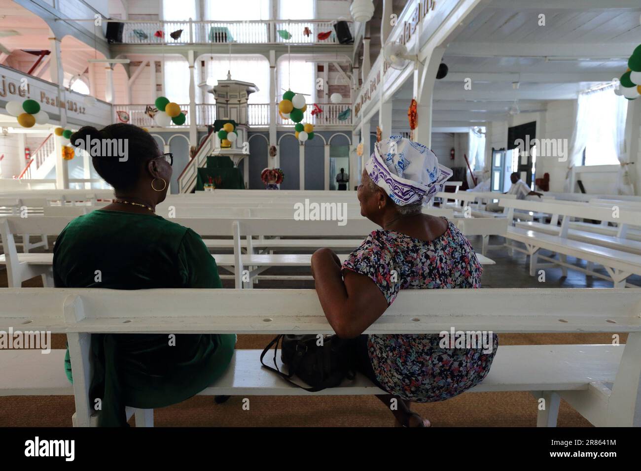 Nel Grote Stadskerk dell'Evangelische Broedergemeente Suriname (Hernhutters o Fratelli Moravi) dal 1778, un grande servizio festivo di ringraziamento si tenne il 1 luglio 1863 per l'abolizione della schiavitù, il 18 giugno 2023, a Paramaribo, Suriname. ANP Ranu Abhelakh olanda fuori - belgio fuori Foto Stock