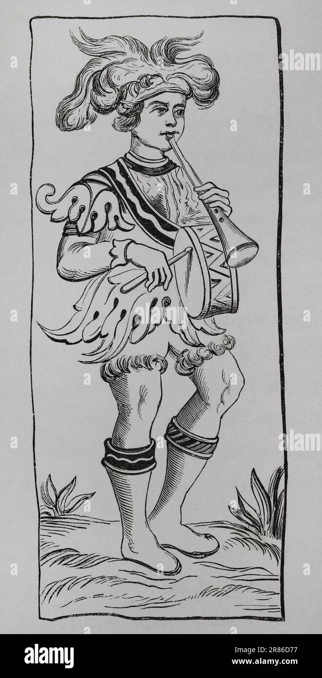 Il Fool. Carta da un ponte di Tarocchi del 15th ° secolo. Incisione. 'Les Arts au Moyen Age et a l'Epoque de la Renaissance', di Paul Lacroix. Parigi, 1877. Foto Stock