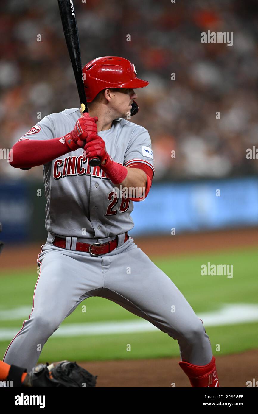 Il primo bassista di Cincinnati Reds Kevin Newman (28) durante la partita di MLB tra i Cincinnati Reds e gli Houston Astros venerdì 16 giugno Foto Stock