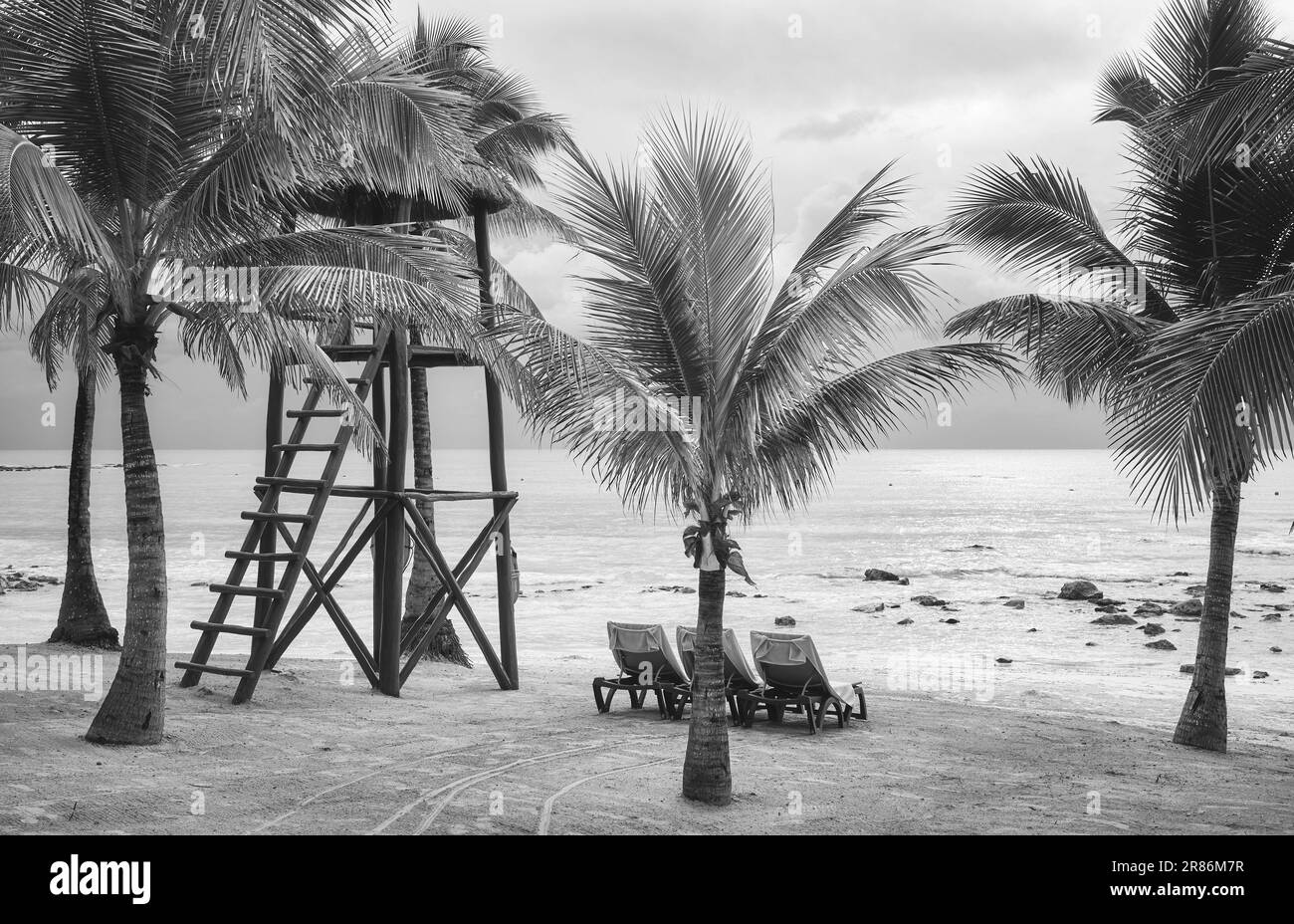 Foto in bianco e nero di una spiaggia tropicale, concetto di vacanza estiva, Messico. Foto Stock