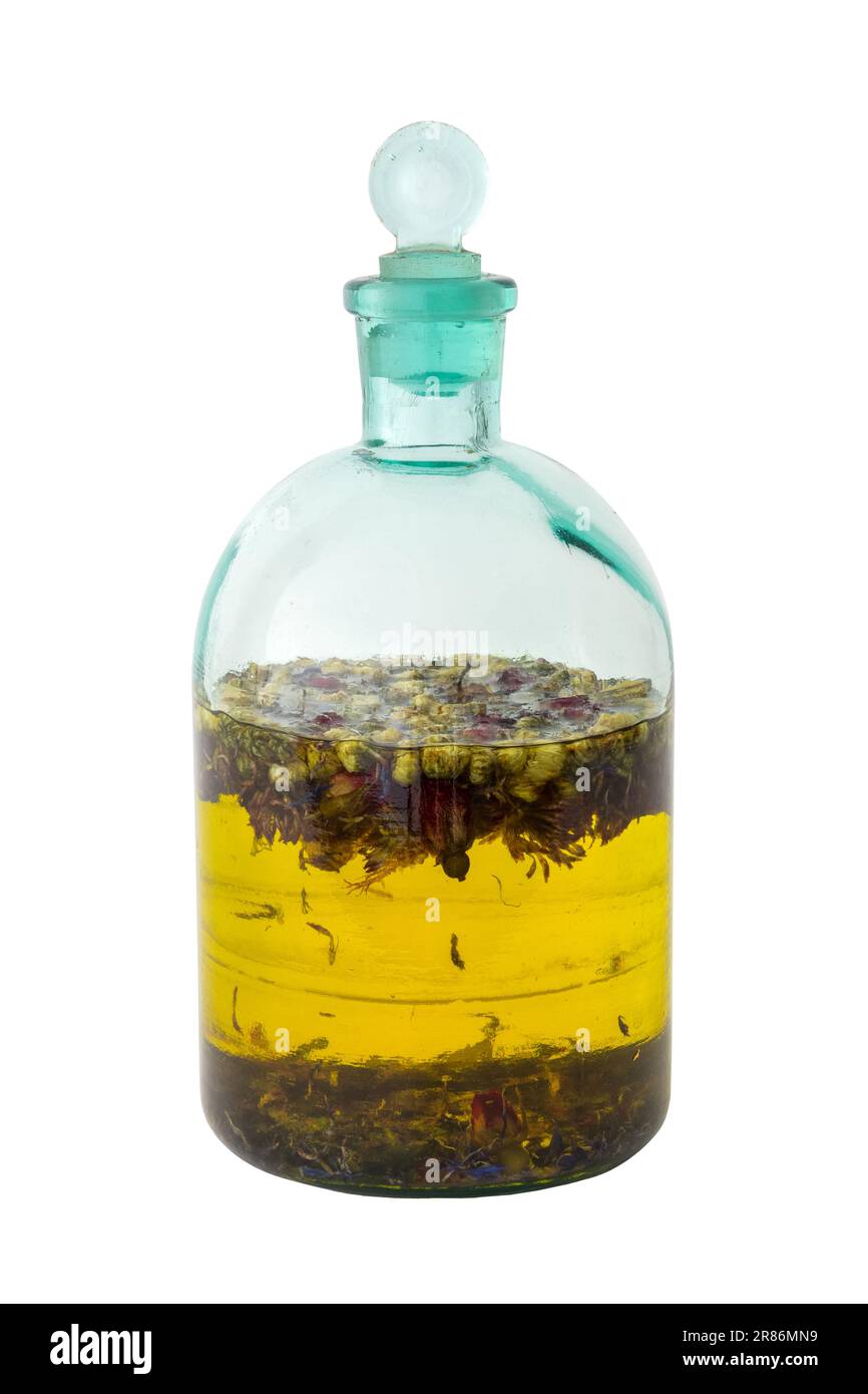 Tintura di erbe o bottiglia di olio essenziale su bianco. Medicina alternativa di erbe. Foto Stock
