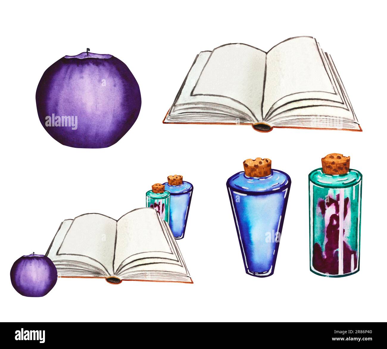 Set di illustrazioni acquerello per Halloween. Composizione di un libro, candele e pozioni. Disegno a mano per il tuo progetto Foto Stock