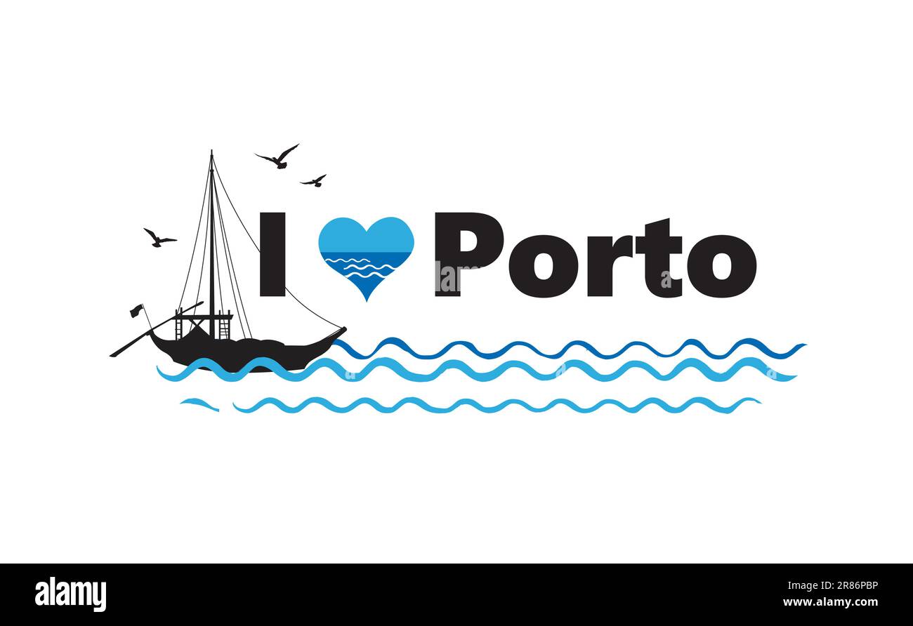 Porto città, Portogallo. Banner orizzontale con scritta Porto e tradizionale barca portoghese in mare e silhouette di gabbiani volanti. Illustrazione Vettoriale