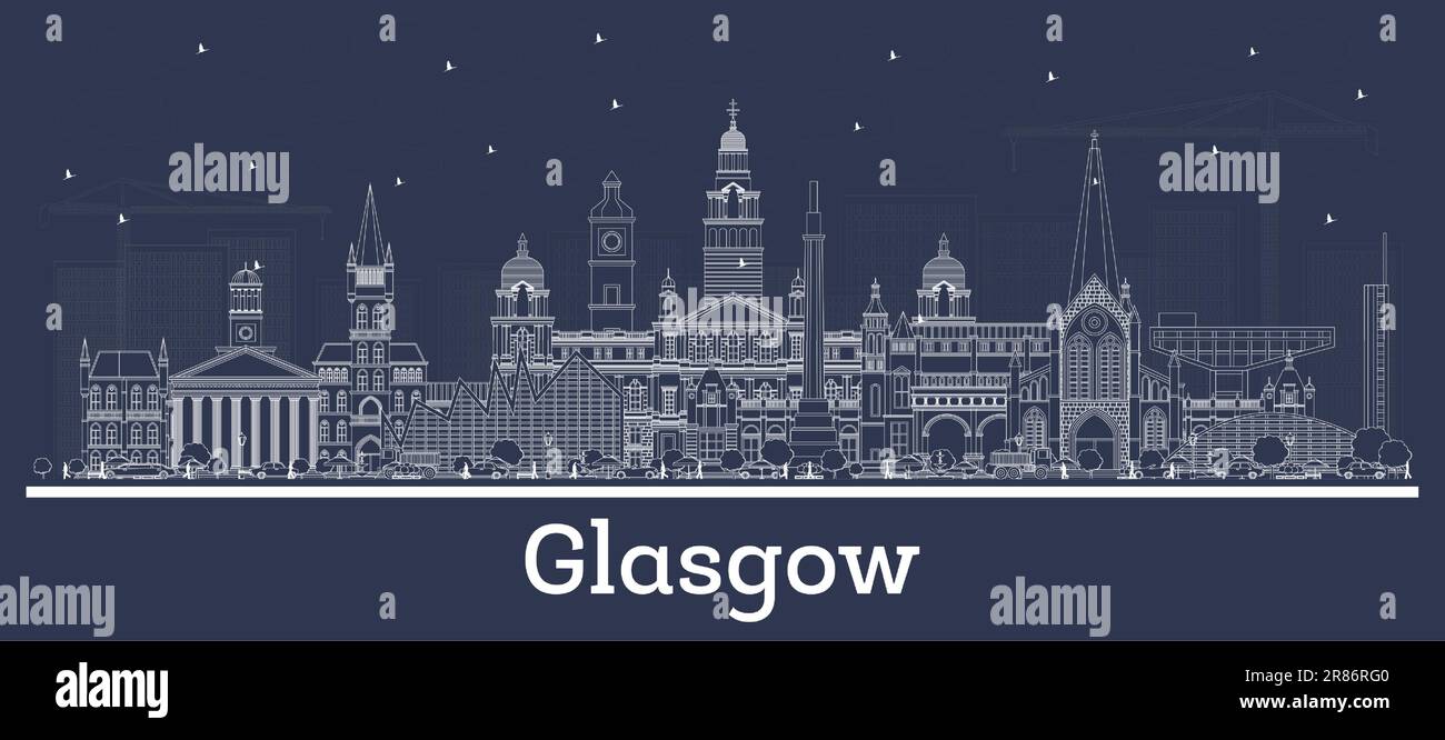 Delineate lo skyline della città di Glasgow Scotland con edifici bianchi. Illustrazione vettoriale. Concetto di viaggio d'affari e turismo con architettura storica. Illustrazione Vettoriale