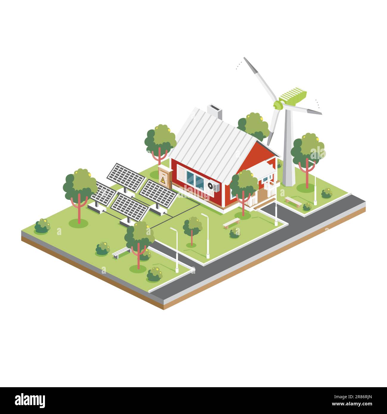 Pannelli solari isometrici con turbina eolica in periferia. Green Eco friendly House. Elemento infografico. Illustrazione vettoriale. Architettura cittadina isolata. Illustrazione Vettoriale