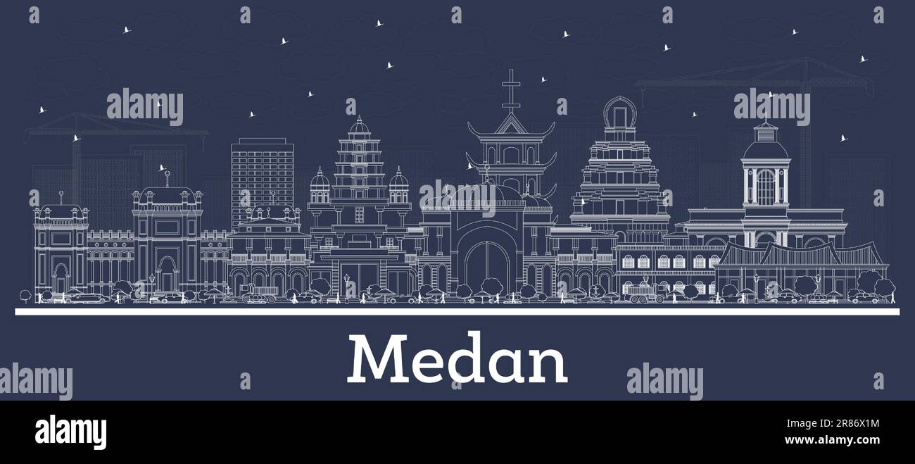 Delineate lo skyline di Medan Indonesia con edifici bianchi. Illustrazione vettoriale. Concetto di viaggio d'affari e turismo con architettura storica. Illustrazione Vettoriale