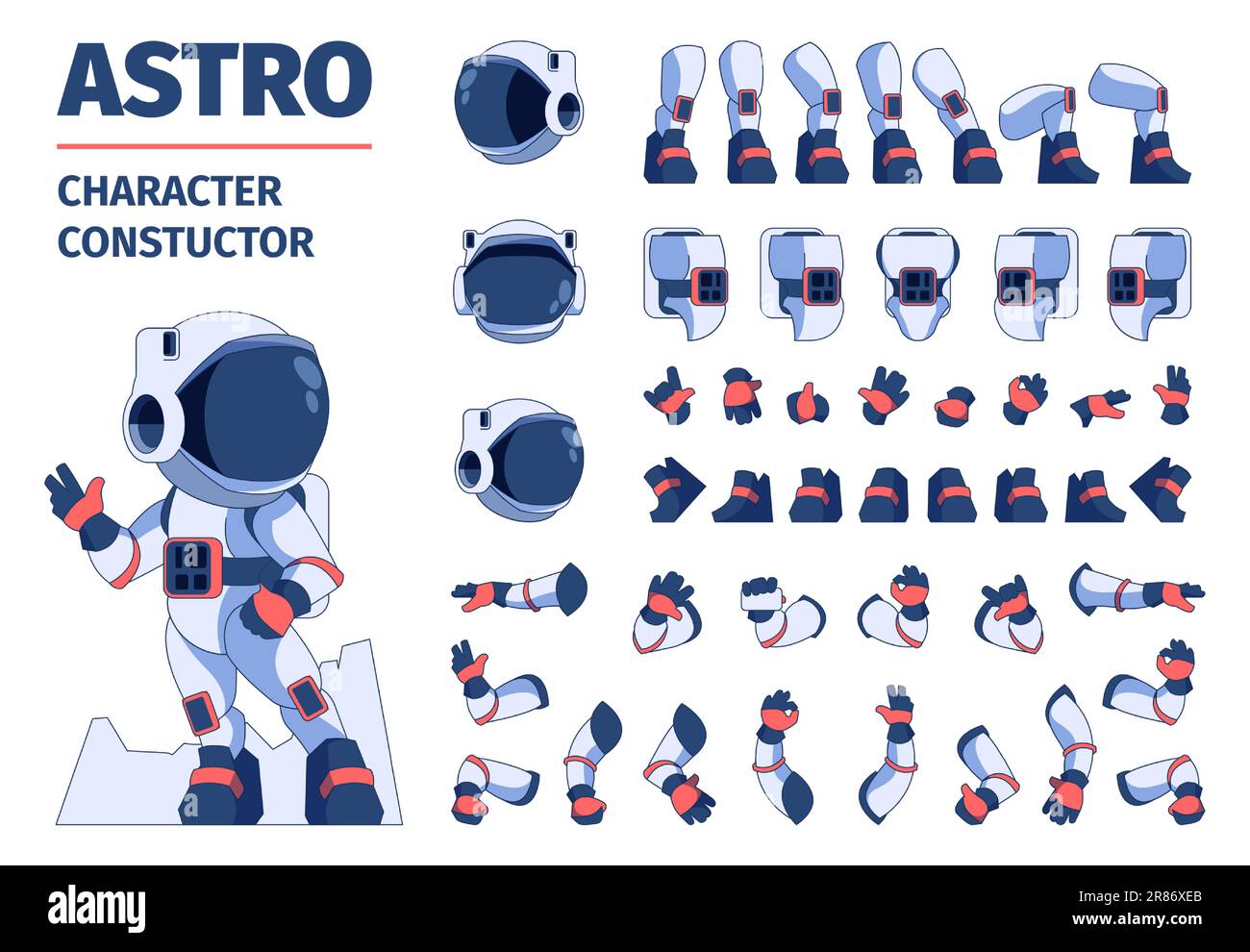 Kit costruttore astronauta. Parti del corpo del personaggio spazio dei cartoni animati per sequenza di animazione, gambe e teste delle braccia, astronauti negli spazi. Col. Di sprite vettoriale Illustrazione Vettoriale