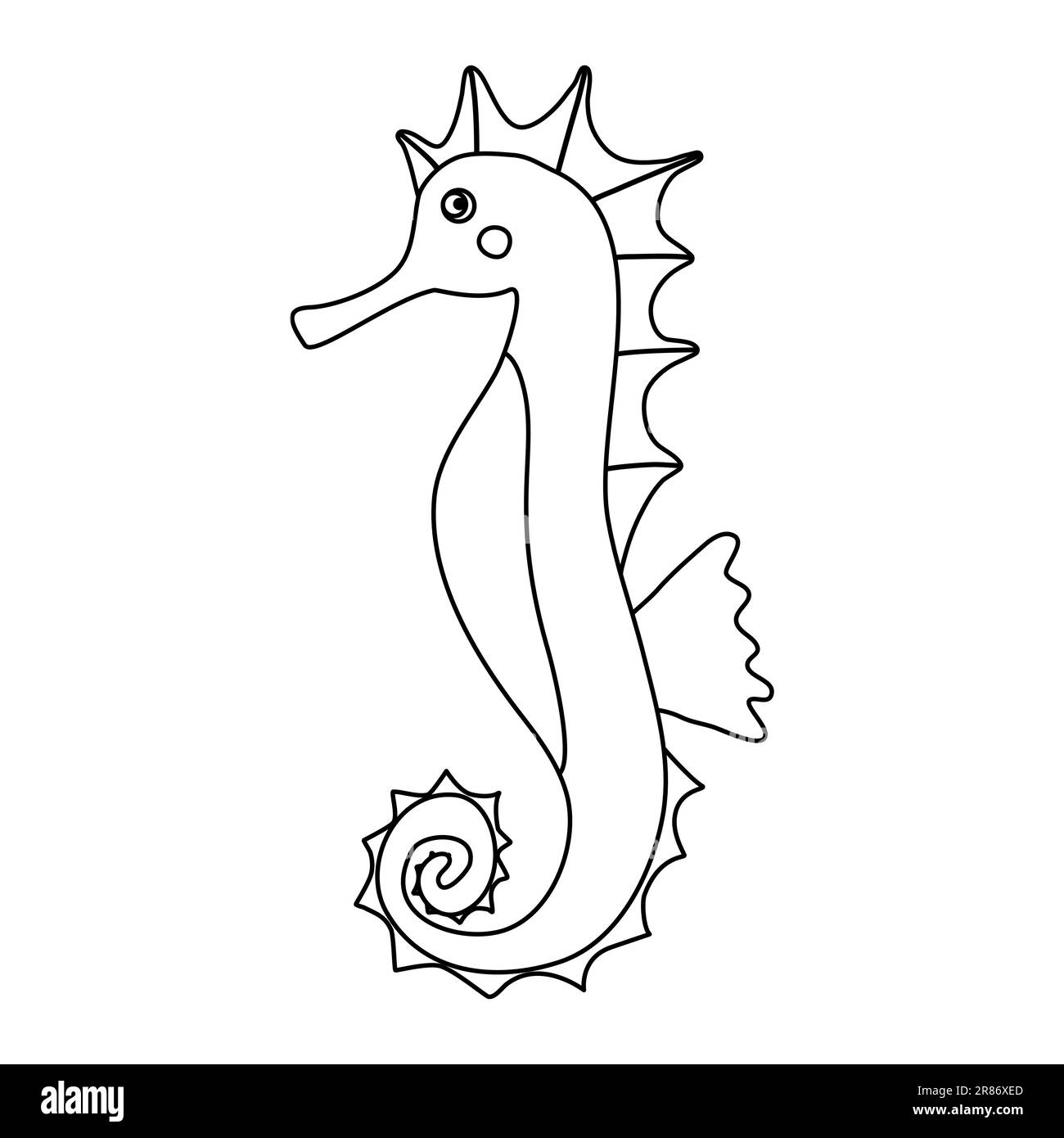 Carino cartone animato cavallo di mare rosso, doodle stile piatto vettore contorno illustrazione per bambini libro da colorare Illustrazione Vettoriale