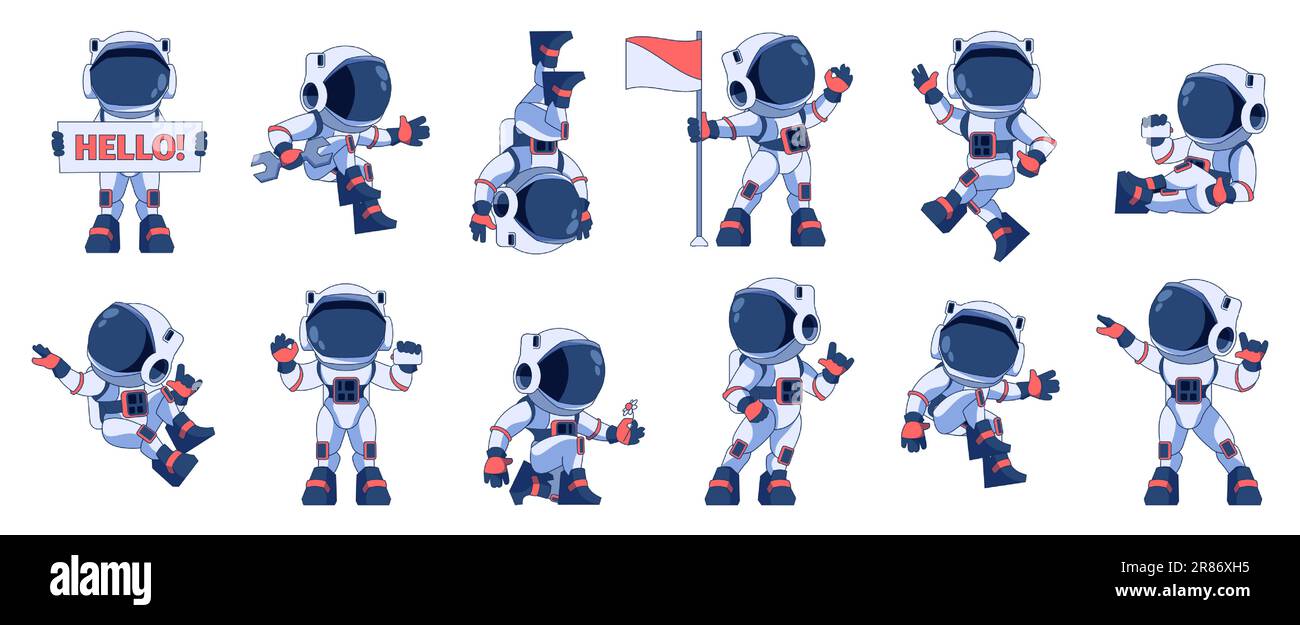 Set di personaggi astronauti. Esploratori spaziali di cartoni animati in diverse pose, spacemen cosmici in tute e caschi, personaggi astronauti in spacesuiti. Vettore Illustrazione Vettoriale