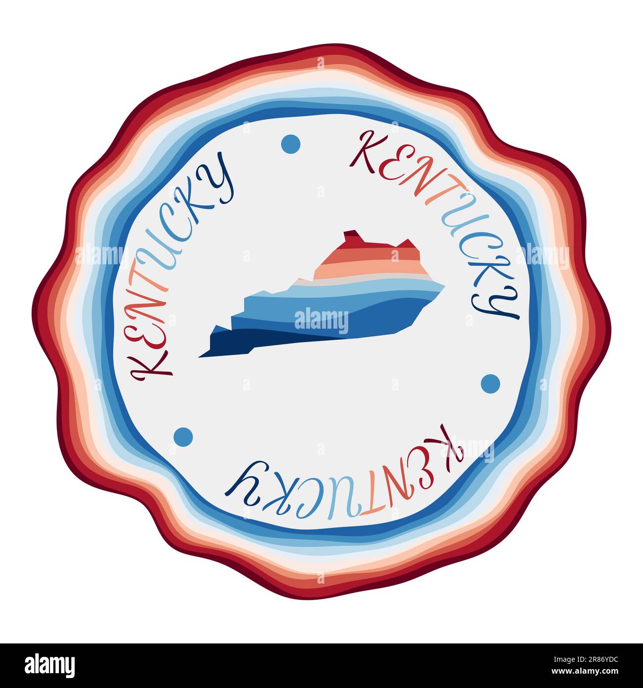 Badge Kentucky. Mappa dello stato degli Stati Uniti con splendide onde geometriche e vibranti cornici rosse e blu. Logo Kentucky rotondo vivace. Illustrazione vettoriale. Illustrazione Vettoriale