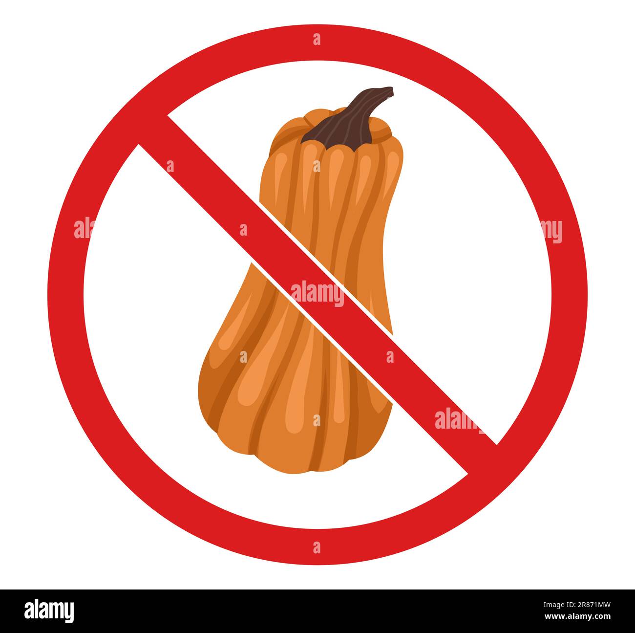 Segno di divieto del vettore con zucca isolata dallo sfondo. Badge vietato. Non selezionare le verdure. Pericolo di allergia. Ringraziamento in divieto. Illustrazione Vettoriale