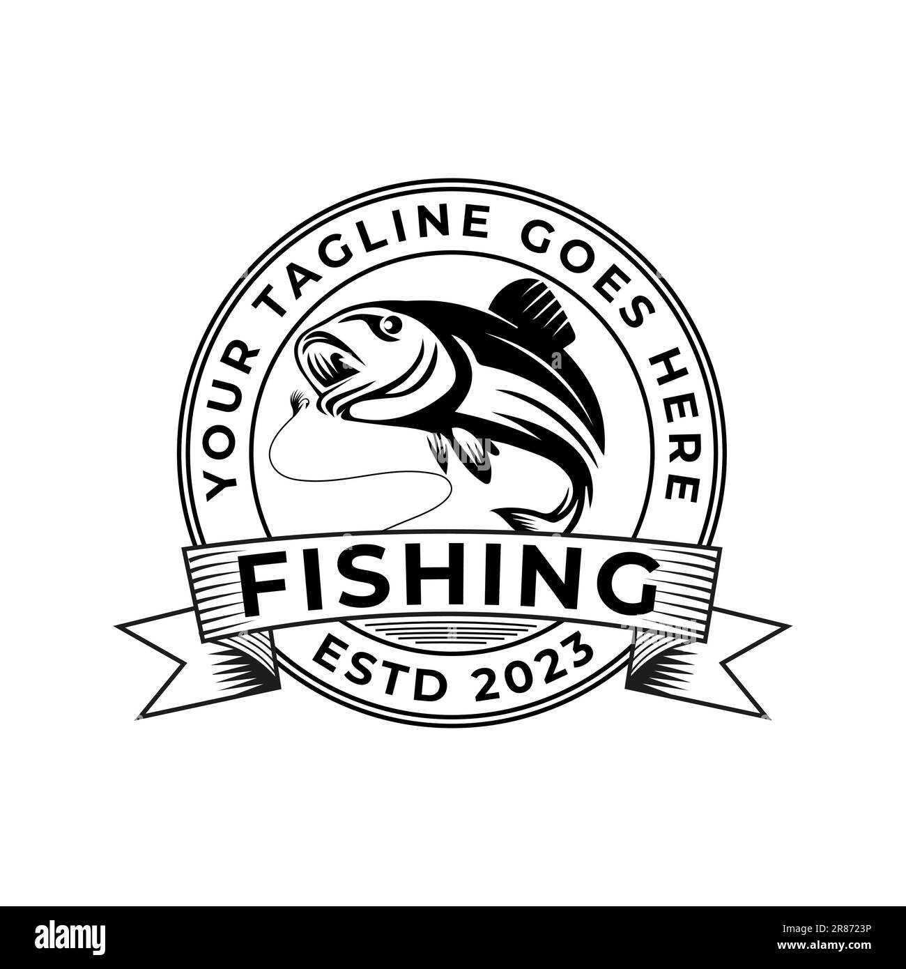 Il design può essere utilizzato per un logo Swamp Lake Angler con un pesce a spirale Bass Big Mouth in stile retrò vintage Illustrazione Vettoriale