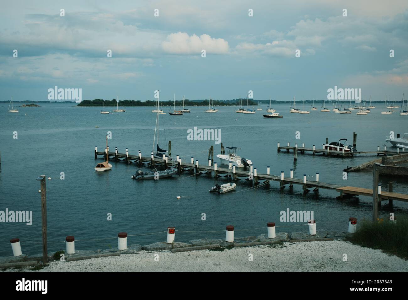 Vista delle barche nel porto di Noank, Groton, Connecticut Foto Stock