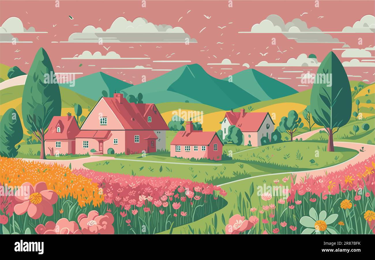 illustrazione vettoriale una tranquilla e serena scena di campagna, con colline ondulate, fiori in fiore, e un fiume tortuoso. pubblicazioni tematiche sulla natura Illustrazione Vettoriale