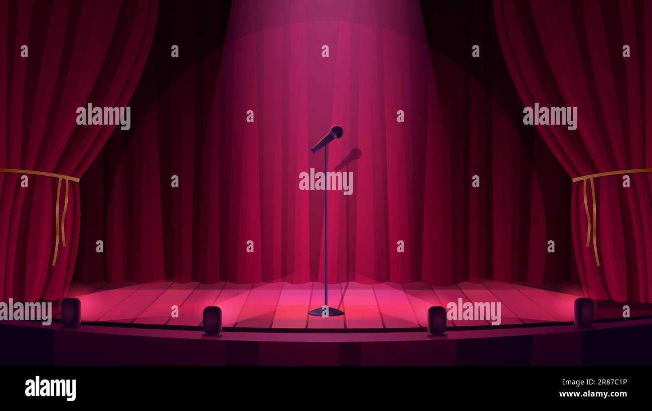 Teatro vuoto o palcoscenico del randello della notte per l'illustrazione del vettore di spettacolo di standup comico. Cartoni animati per la musica, spettacolo dal vivo comico con luci al centro e microfono sullo stand, classiche tende rosse Illustrazione Vettoriale