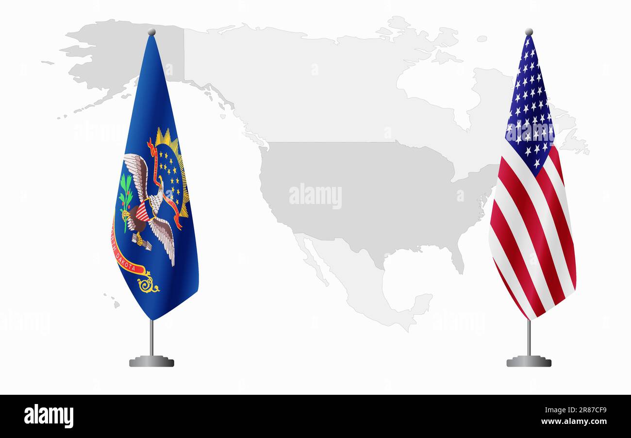 North Dakota bandiere degli Stati Uniti e degli Stati Uniti per l'incontro ufficiale sullo sfondo della mappa mondiale. Illustrazione Vettoriale