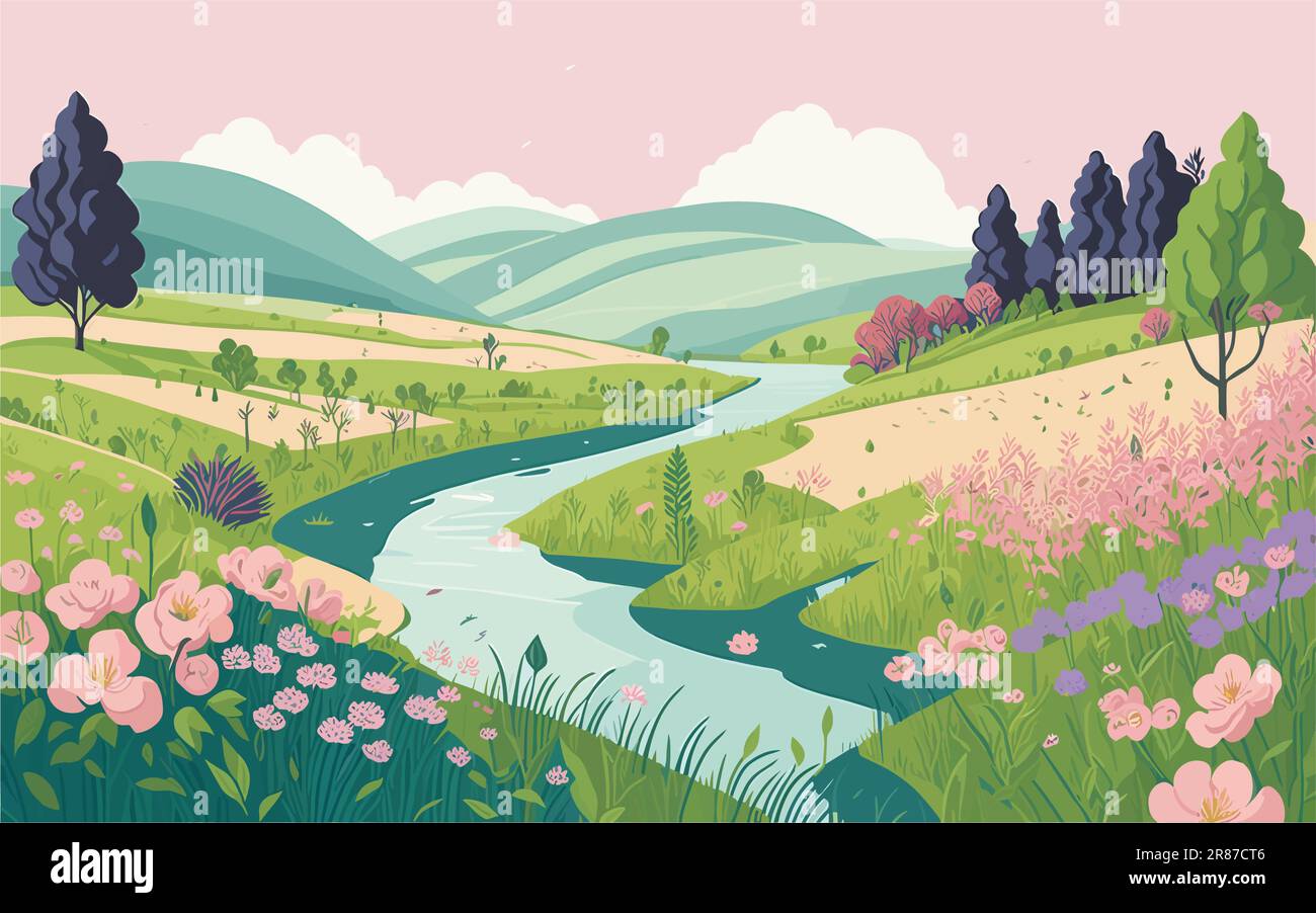 illustrazione vettoriale una tranquilla e serena scena di campagna, con colline ondulate, fiori in fiore, e un fiume tortuoso. pubblicazioni tematiche sulla natura Illustrazione Vettoriale