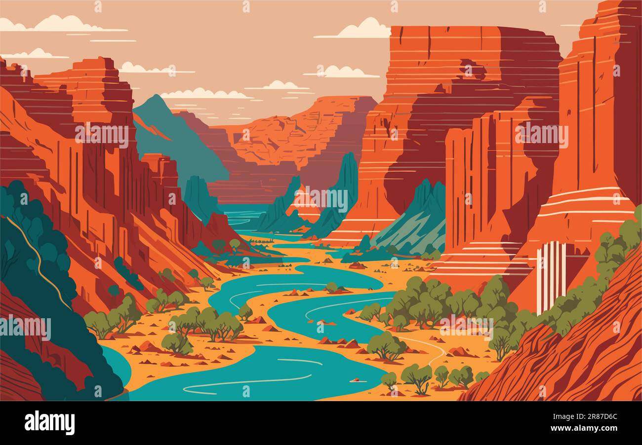 illustrazione con un vasto e mozzafiato canyon con formazioni rocciose a strati, fiumi tortuosi e vegetazione desertica. toni caldi della terra grandiosità Illustrazione Vettoriale