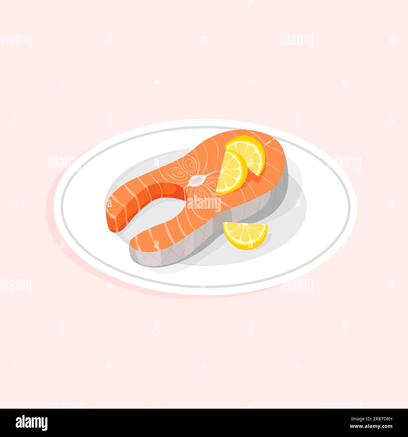 Filetto di salmone alla griglia sul piatto. Bistecca di pesce rosso con fettine di limone. Illustrazione vettoriale in un elegante stile piatto isolato. Illustrazione Vettoriale
