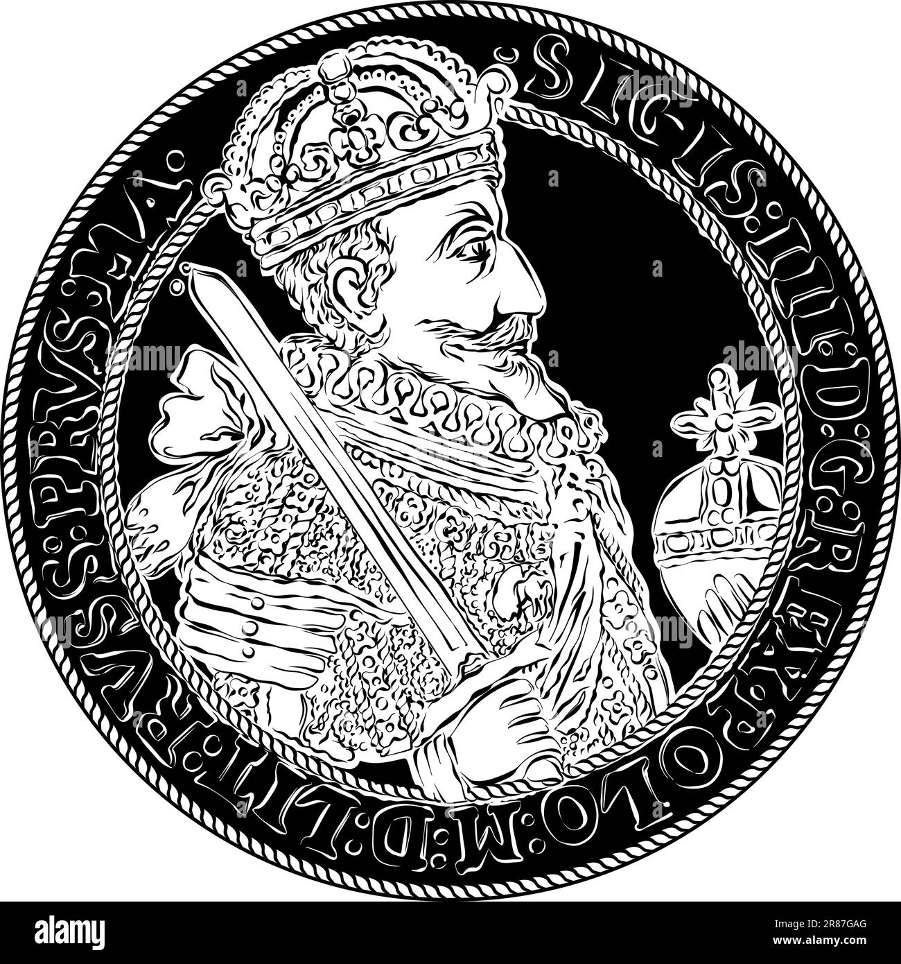 Vettore argento corona thaler di Sigismondo III Vasa 1627, ossverse con re, nero e bianco Illustrazione Vettoriale