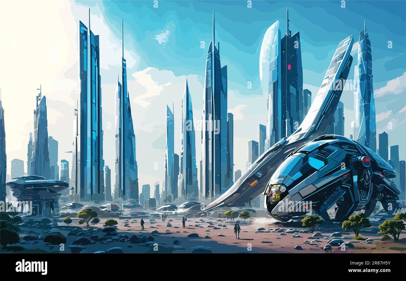 un paesaggio urbano futuristico con eleganti grattacieli, auto volanti e infrastrutture high-tech. punti di riferimento futuristici o pubblicità olografica a. Illustrazione Vettoriale